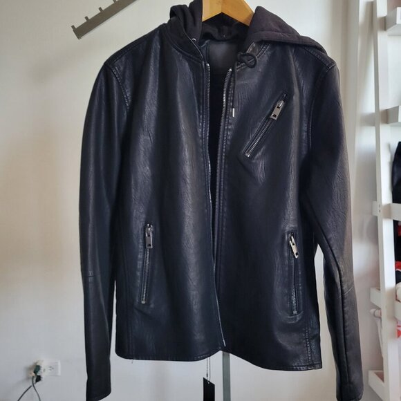 New Blank-NYC Men's Leather Moto Full Zip Jacket w/Hood – Size Large - Picture 11 of 14